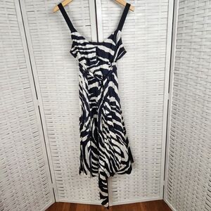 Zara Basic Zebra Dress Black White Size L Sleeveless Knee Length‎ Belt A Line